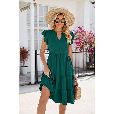 Womens V Neck Midi Dress Fultter Sleeves Boho Dress