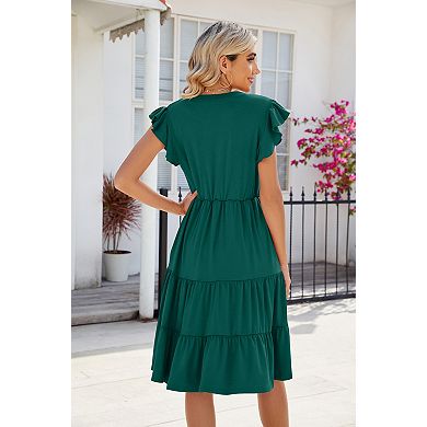 Womens V Neck Midi Dress Fultter Sleeves Boho Dress