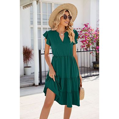 Womens V Neck Midi Dress Fultter Sleeves Boho Dress