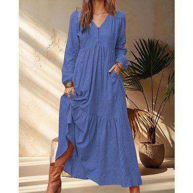 Women's Maxi Dresses V Neck Long Sleeve Casual Boho Flowy Beach Dress with Pockets