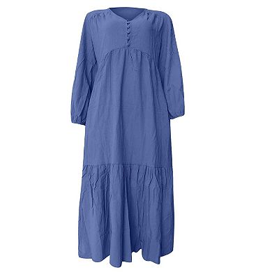 Women's Maxi Dresses V Neck Long Sleeve Casual Boho Flowy Beach Dress with Pockets