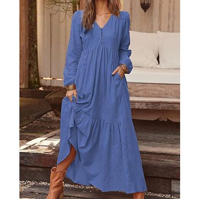 Women's Maxi Dresses V Neck Long Sleeve Casual Boho Flowy Beach Dress with Pockets
