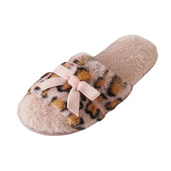 Roxoni Women’s Fuzzy Leopard Print Slippers with Bow