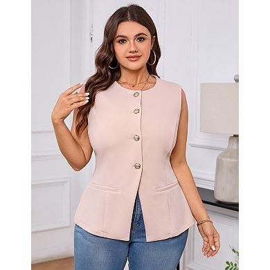 Plus Size Women Tops Round Neck Sleeveless Vest Button Down Shirts
