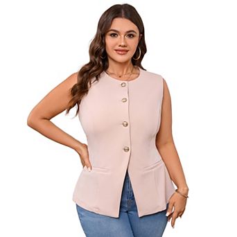 Plus Size Women Tops Round Neck Sleeveless Vest Button Down Shirts