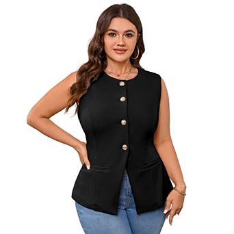 Plus Size Women Tops Round Neck Sleeveless Vest Button Down Shirts