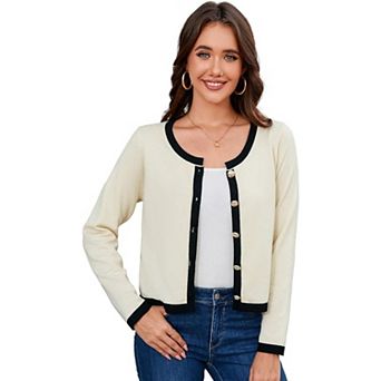 Womens Crew Neck Contrast Color Crop Cardigan Sweater Lightweight Button Down Bolero Shrug for Dress