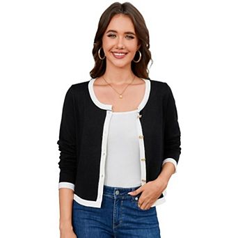 Womens Crew Neck Contrast Color Crop Cardigan Sweater Lightweight Button Down Bolero Shrug for Dress