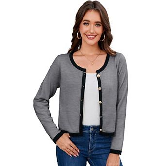 Womens Crew Neck Contrast Color Crop Cardigan Sweater Lightweight Button Down Bolero Shrug for Dress