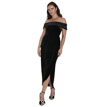 Womens Off Shoulder Velvet Midi Dress Elegant Side Split Ruched Wrap Cocktail Banquet Party Dresses
