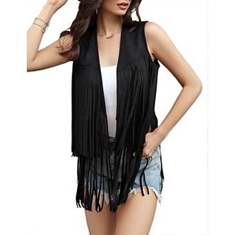 Womens Open Front Tassel Tank Tops Sleeveless Trendy Faux Suede Hippie Cowgirl Eastern Fringe Vest