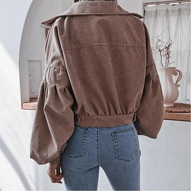 Womens Button Down Crop Jacket Casual Corduroy Lantern Sleeve Drop Shoulder Jackets with Pockets