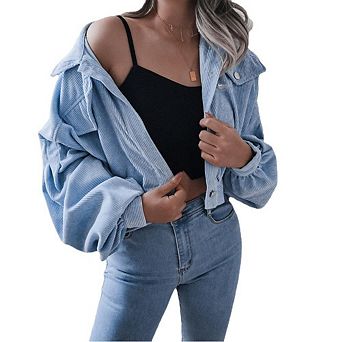 Womens Button Down Crop Jacket Casual Corduroy Lantern Sleeve Drop Shoulder Jackets with Pockets