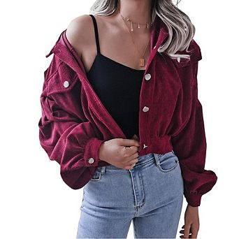 Womens Button Down Crop Jacket Casual Corduroy Lantern Sleeve Drop Shoulder Jackets with Pockets