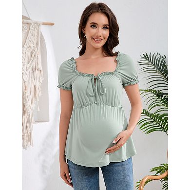 Maternity Shirts Tie Front Puff Short Sleeves Square Neck Casual Tops
