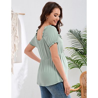 Maternity Shirts Tie Front Puff Short Sleeves Square Neck Casual Tops