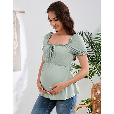 Maternity Shirts Tie Front Puff Short Sleeves Square Neck Casual Tops