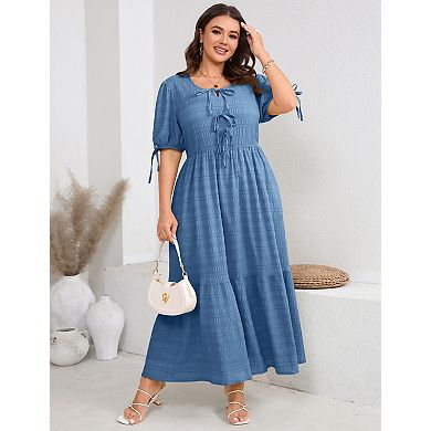 Women's Plus Size V-Neck Bowknot Tie Front Short Sleeve Midi Dress