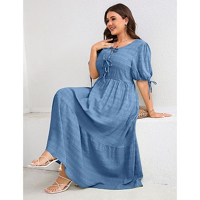 Women's Plus Size V-Neck Bowknot Tie Front Short Sleeve Midi Dress