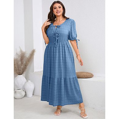 Women's Plus Size V-Neck Bowknot Tie Front Short Sleeve Midi Dress