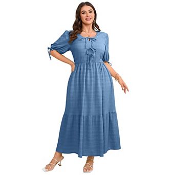 Women's Plus Size V-Neck Bowknot Tie Front Short Sleeve Midi Dress
