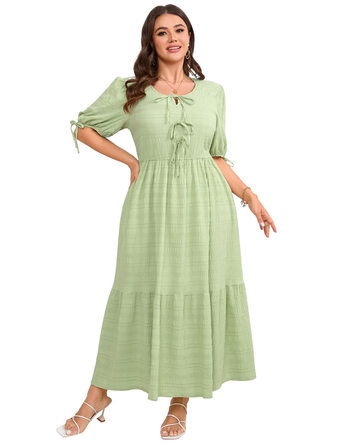Женские платья Plus Size V-Neck Bowknot Tie Front Short Sleeve Midi Dress