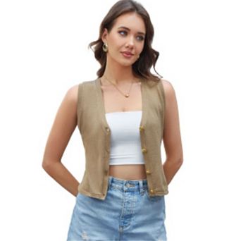 Womens Open Front Sleeveless Sweater Vest Lightweight Button Down Casual Ribbed Knit Tank Tops