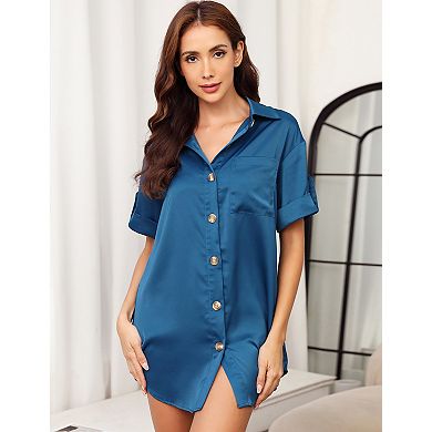Womens Short Sleeve Button Down Shirt Dress Collared Loose Casual Summer Mini Dresses with Pocket