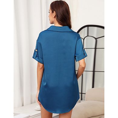 Womens Short Sleeve Button Down Shirt Dress Collared Loose Casual Summer Mini Dresses with Pocket