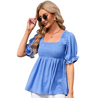 Womens Puff Short Sleeve Tops Summer Smocked Square Neck Loose Fit Tee Shirts
