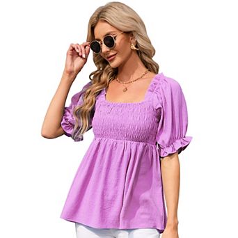 Womens Puff Short Sleeve Tops Summer Smocked Square Neck Loose Fit Tee Shirts