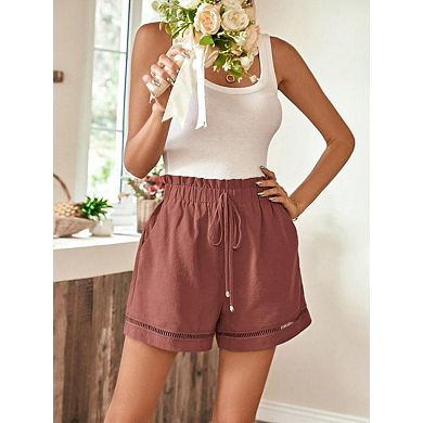 Women's High Waist Drawstring Wide Leg Cotton Shorts With Pockets