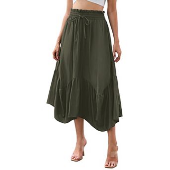 Womens High Elastic Waist Plus Size Pleated A Line Skirts Casual Stretchy Flowy Swing Maxi Skirt