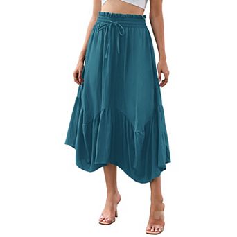 Womens High Elastic Waist Plus Size Pleated A Line Skirts Casual Stretchy Flowy Swing Maxi Skirt