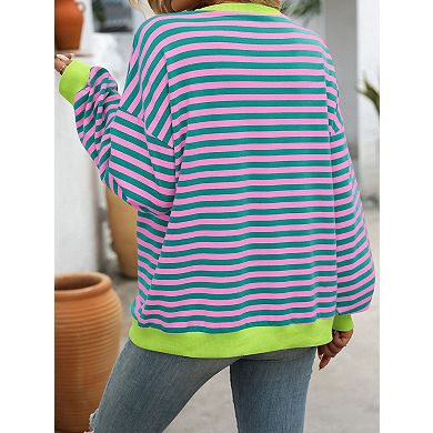 Womens Crew Neck Striped Sweatshirt Casual Color Block Drop Shoulder Oversize Pullover Sweatshirts
