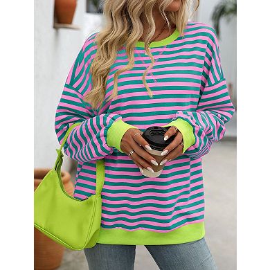 Womens Crew Neck Striped Sweatshirt Casual Color Block Drop Shoulder Oversize Pullover Sweatshirts