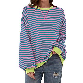 Womens Crew Neck Striped Sweatshirt Casual Color Block Drop Shoulder Oversize Pullover Sweatshirts