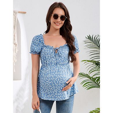 Maternity Shirts Tie Front Puff Short Sleeves Square Neck Casual Tops