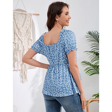 Maternity Shirts Tie Front Puff Short Sleeves Square Neck Casual Tops