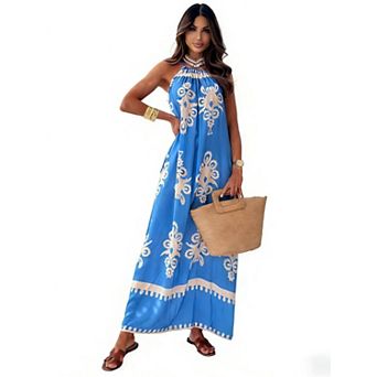 Womens Halter Neck Summer Maxi Dress Floral Print Sleeveless Sundress Boho Beach Loose Long Dress