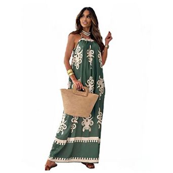 Womens Halter Neck Summer Maxi Dress Floral Print Sleeveless Sundress Boho Beach Loose Long Dress