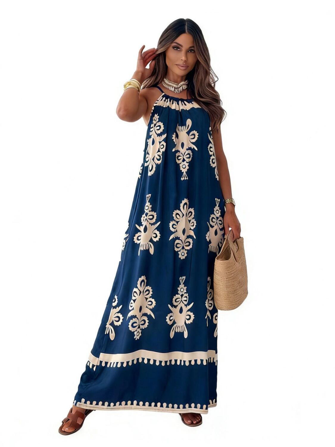 Женские платья Halter Neck Summer Maxi Dress Floral Print Sleeveless Sundress Boho Beach Loose Long Dress