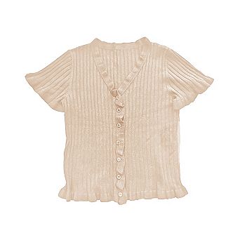 Womens V Neck Button Down Cardigan Sweater Short Sleeve Ruffle Hem Ribbed Knit Cute Summer Tops