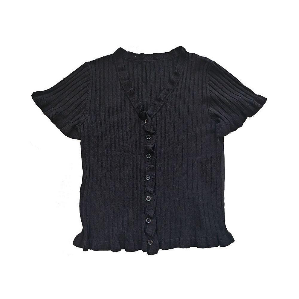 Womens V Neck Button Down Cardigan Sweater Short Sleeve Ruffle Hem