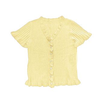 Womens V Neck Button Down Cardigan Sweater Short Sleeve Ruffle Hem Ribbed Knit Cute Summer Tops