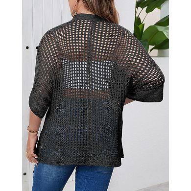 Plus Size Mesh Cardigan for Women Loose Fit 3/4 Sleeve Sheer Cover Up