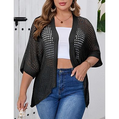 Plus Size Mesh Cardigan for Women Loose Fit 3/4 Sleeve Sheer Cover Up