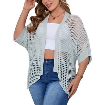 Plus Size Mesh Cardigan for Women Loose Fit 3/4 Sleeve Sheer Cover Up