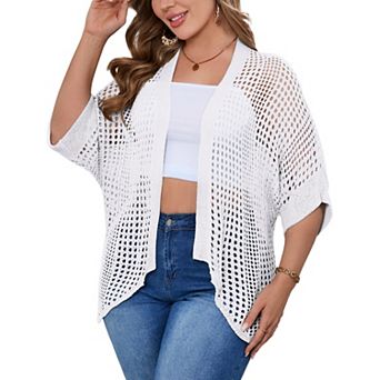 Plus Size Mesh Cardigan for Women Loose Fit 3/4 Sleeve Sheer Cover Up