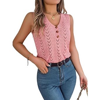 Womens V Neck Crochet Tank Top Sleeveless Button Up Hollow Out Shirts Casual Lightweight Summer Vest